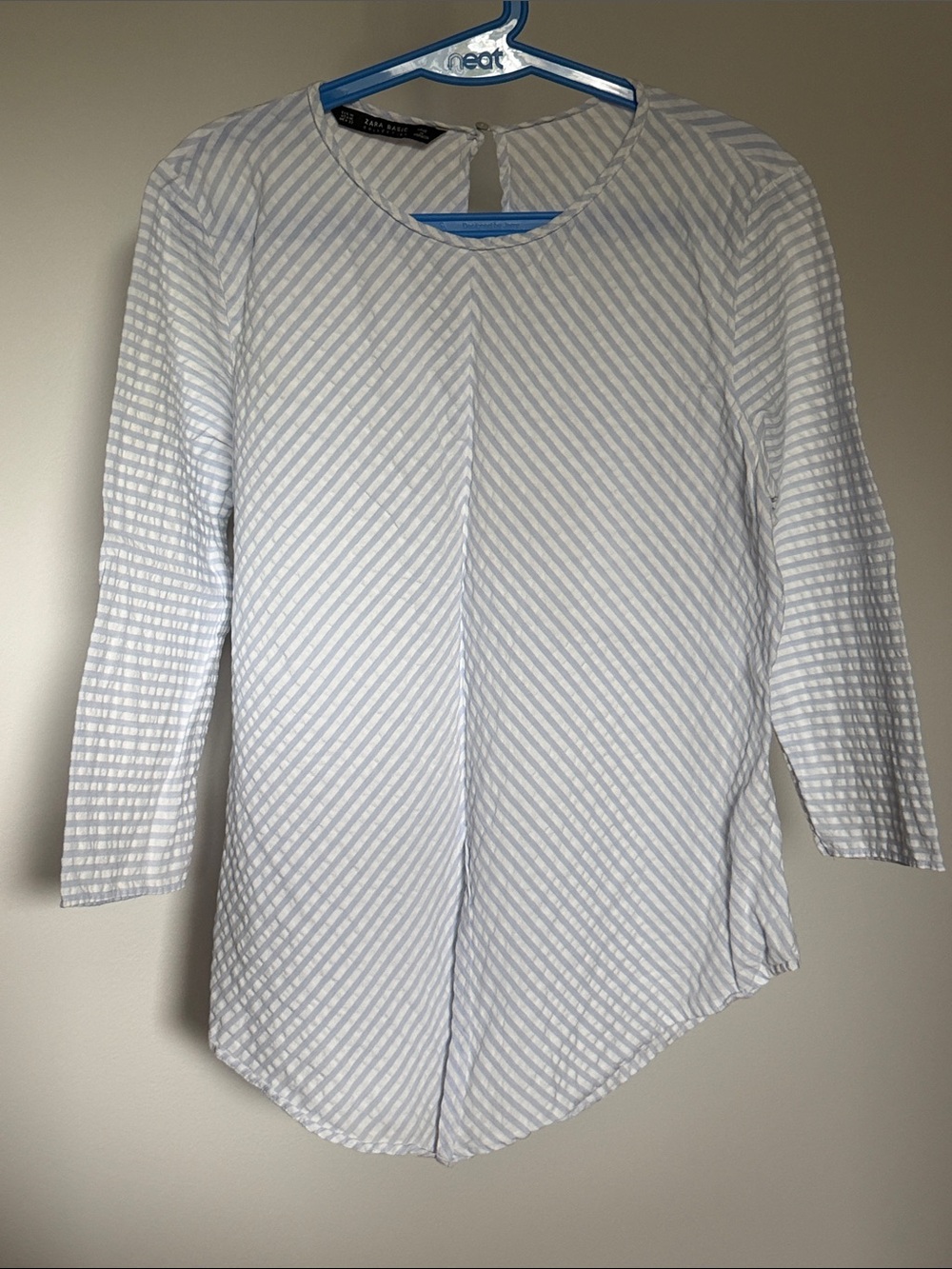 Zara Bias Tailored Cotton Seersucker Top Light Blue and White Striped XL